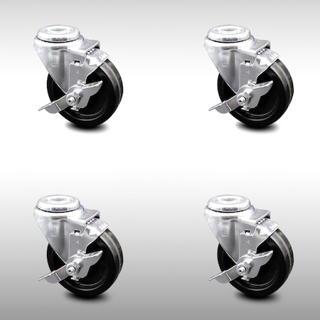 Service Caster 4 Inch SS Phenolic Wheel Swivel Bolt Hole Caster Set with Brake SCC-SSBH20S414-PHS-TLB-4